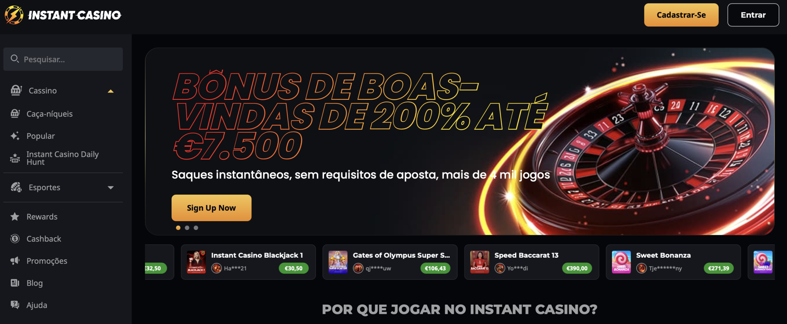 Instant Casino - Termos de Bônus com 15x de Rollover num Cassino Online Confiável